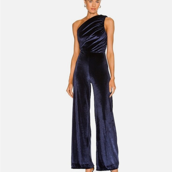 House of Harlow 1960 Pants - House of Harlow 1960 Revolve Navy Blue Velvet One Shoulder Jumpsuit size S
